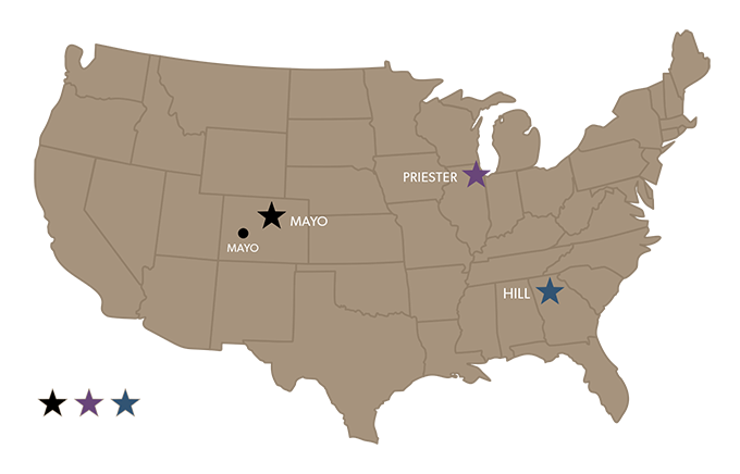 map of locations for Hill, Priester, and Mayo