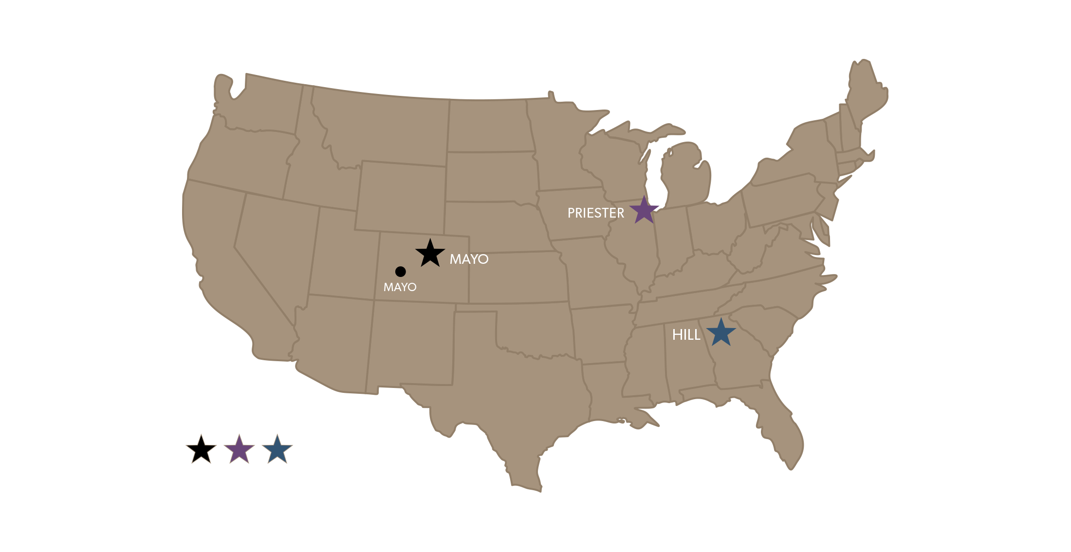 map of locations for Hill, Priester, and Mayo