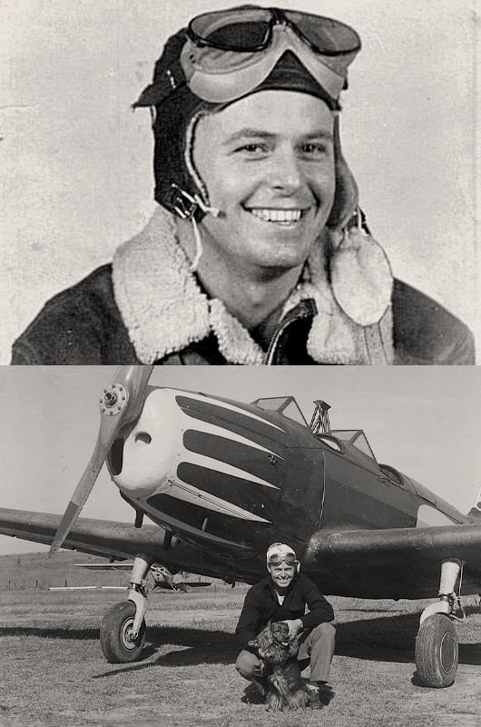 images of Guy Hill Sr. in his pilot gear and in front of his airplane